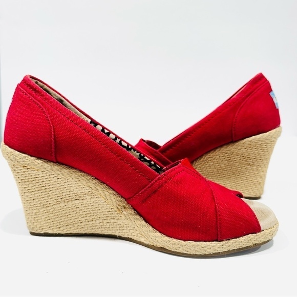 TOMS Classic Red Canvas Wedge Espadrille Peep Toe Shoes Sandals - Picture 6 of 9